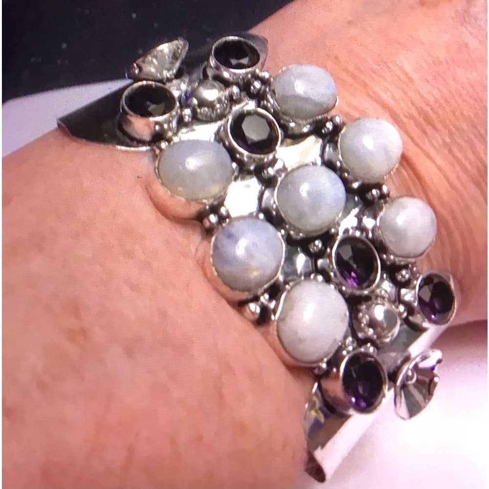 Moonstone Amethyst Stamped 925 Sterling Silver Cuff Bracelet